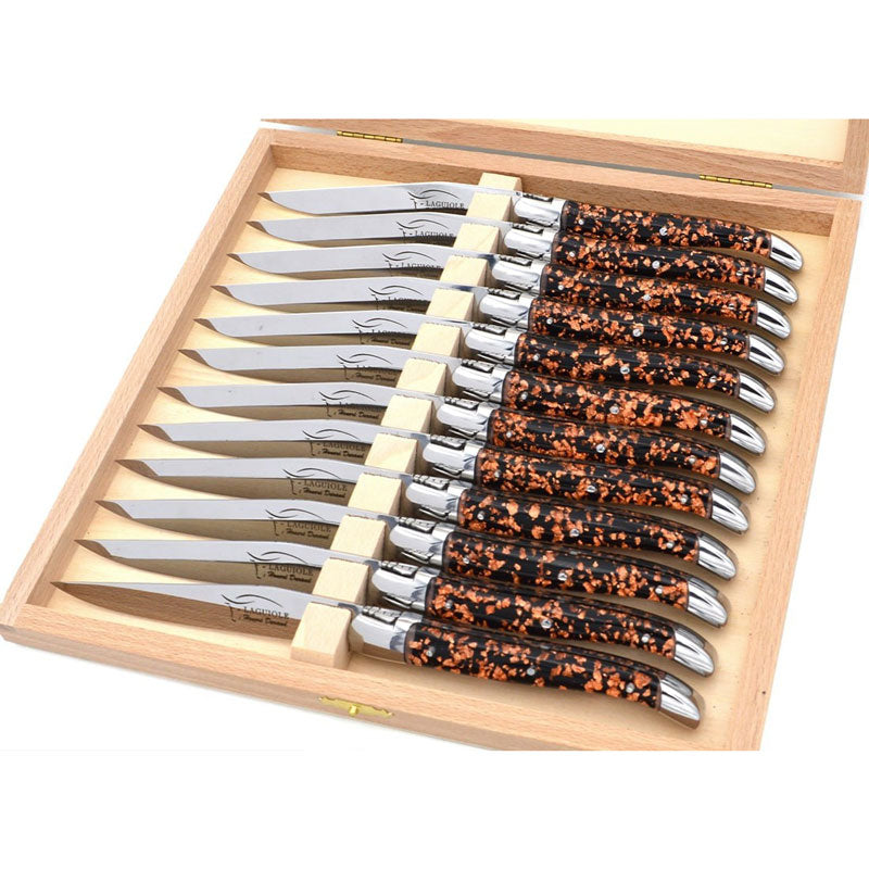 Laguiole Steak Knives, Copper Foil Inclusion Handle Black Background
