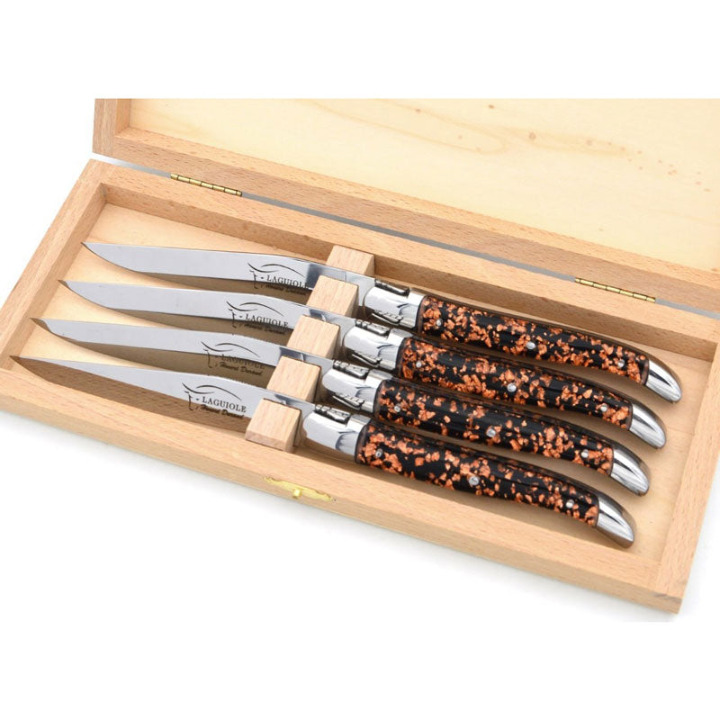 Laguiole Steak Knives, Copper Foil Inclusion Handle Black Background