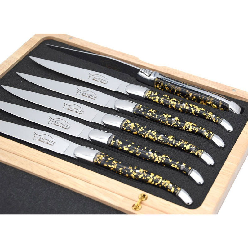 Laguiole Steak Knives, Gold Foil Inclusion Handle Black Background