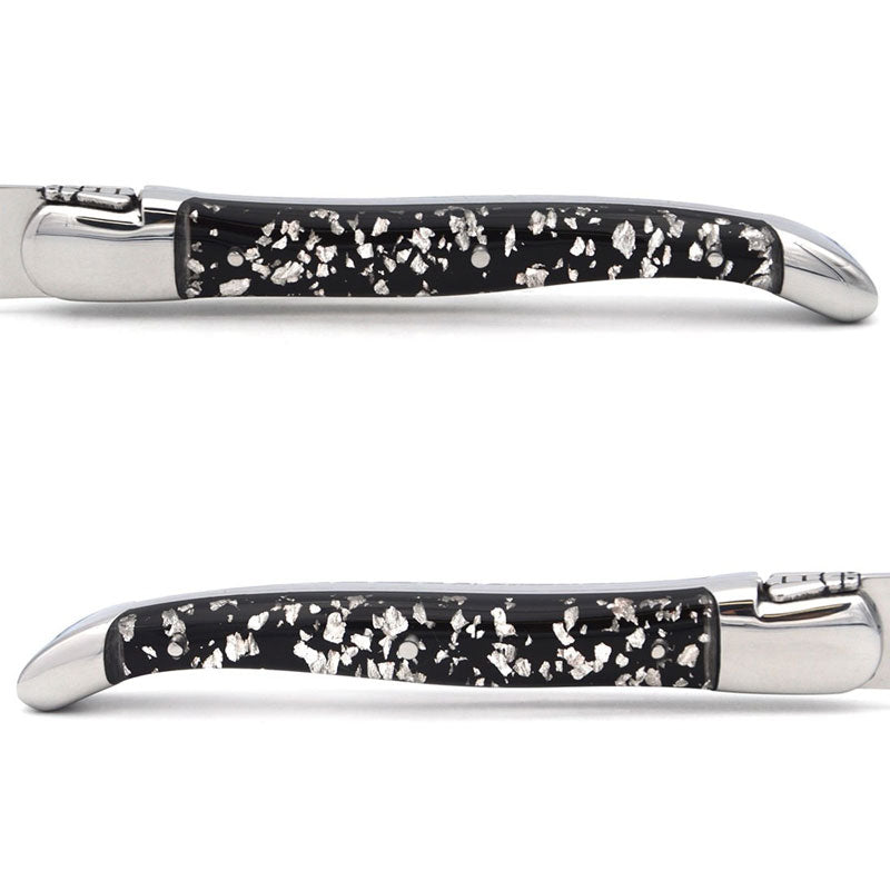 Laguiole Steak Knives, Silver Foil Inclusion Handle Black Background