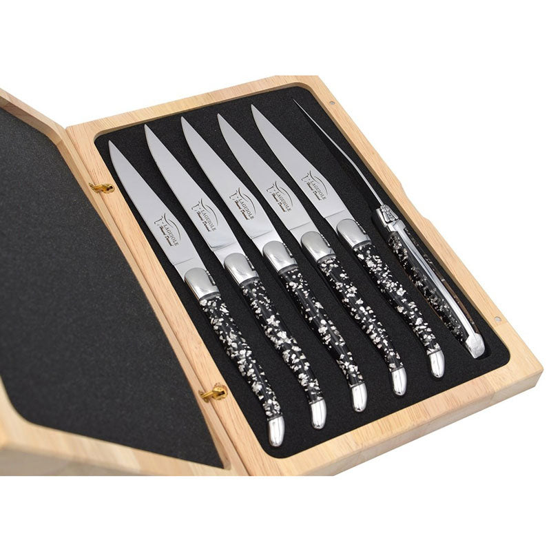 Laguiole Steak Knives, Silver Foil Inclusion Handle Black Background