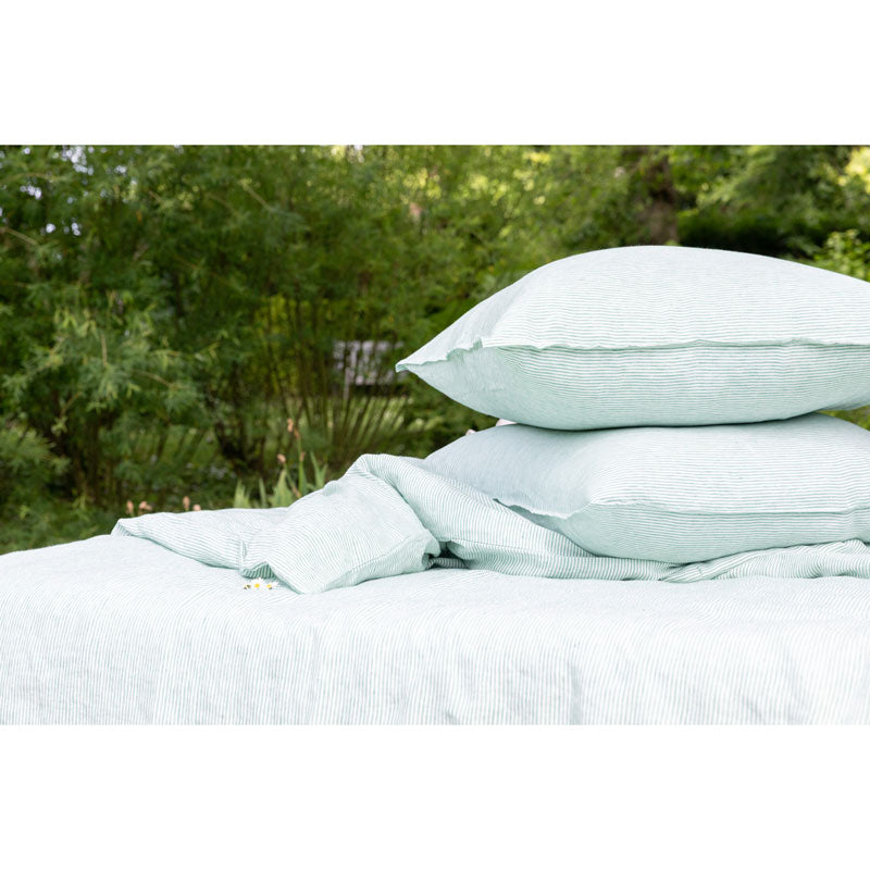 Pure Washed Linen Pillow Case, Pea Green Stripe