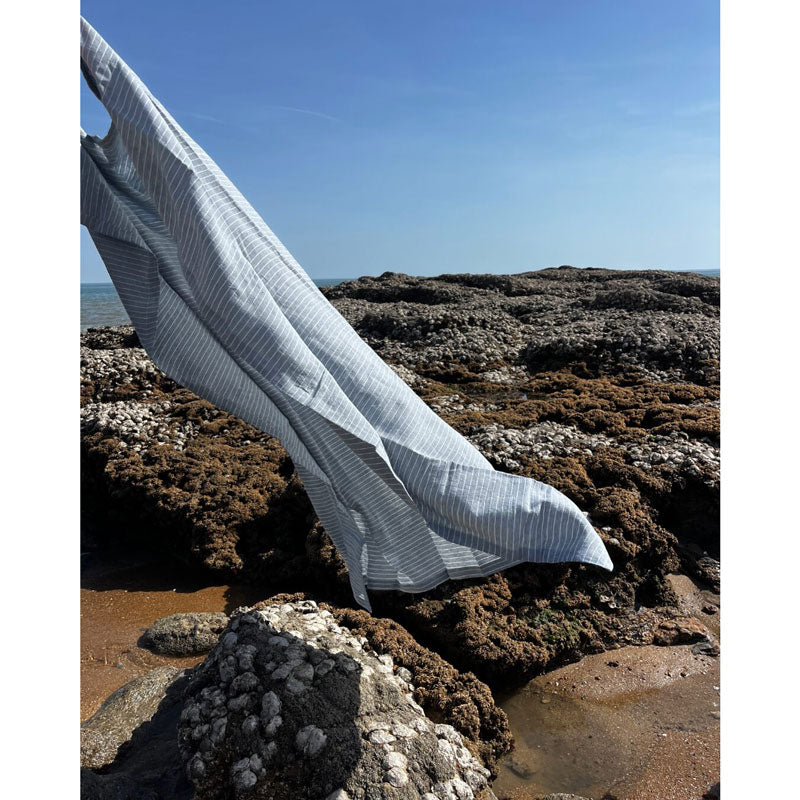 Pure Washed Linen Tablecloth, Slate Blue Stripe