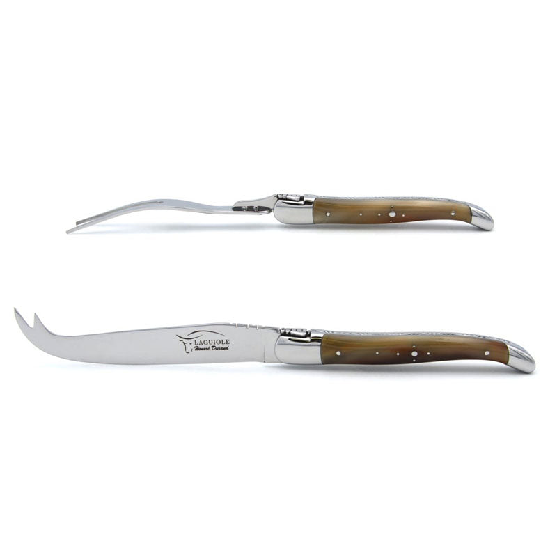 Laguiole Cheese Set, Fork & Knife, Pale Horn Tip, Prestige Collection