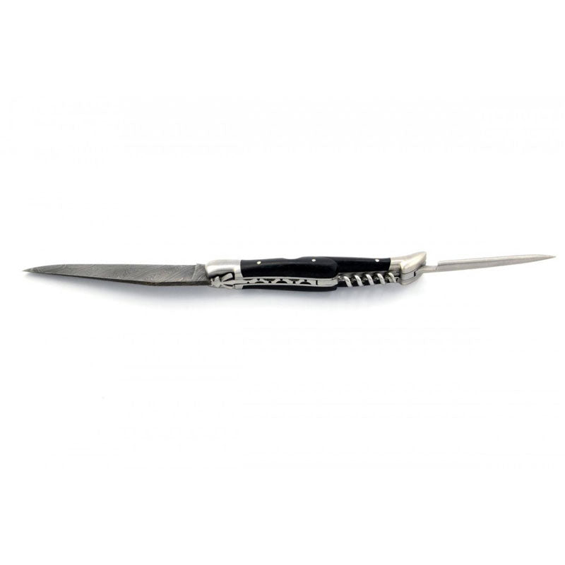 Laguiole Damascus Steel Blade, Horn Tip Handle, 3 Piece Pocket Knife - 12cm - Zouf.biz
