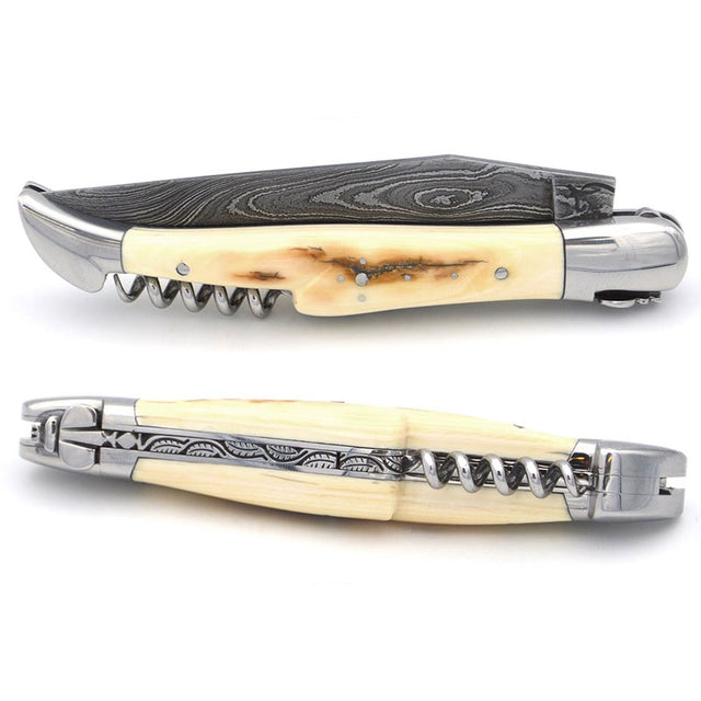 Laguiole Damascus Steel Blade, Fossilized Mammoth Molar Handle, 3 Piece Pocket Knife - 12cm - Zouf.biz