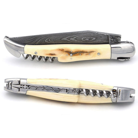 Laguiole Damascus Steel Blade, Fossilized Mammoth Molar Handle, 3 Piece Pocket Knife - 12cm - Zouf.biz