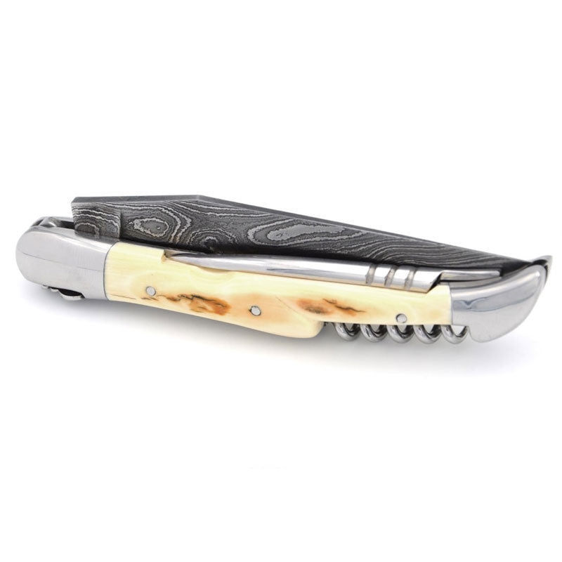 Laguiole Damascus Steel Blade, Fossilized Mammoth Molar Handle, 3 Piece Pocket Knife - 12cm - Zouf.biz