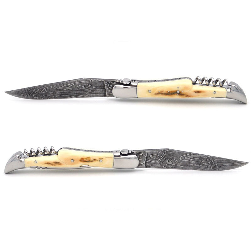 Laguiole Damascus Steel Blade, Fossilized Mammoth Molar Handle, 3 Piece Pocket Knife - 12cm - Zouf.biz
