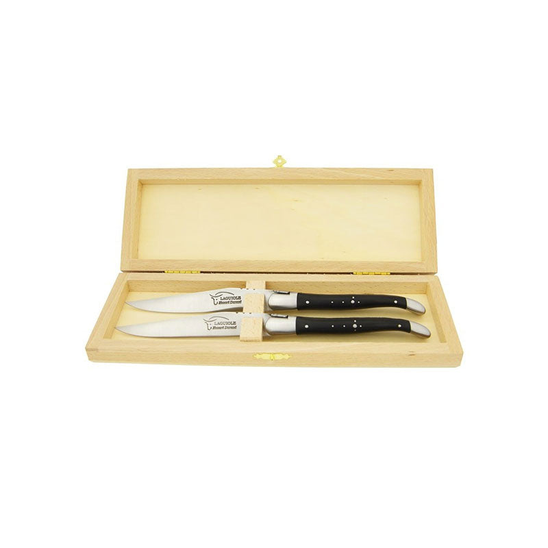 Laguiole Steak Knives Chiseled Double Plates Dark Horn Tip, Prestige Collection