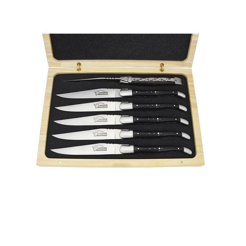 Laguiole Steak Knives Chiseled Double Plates Dark Horn Tip, Prestige Collection