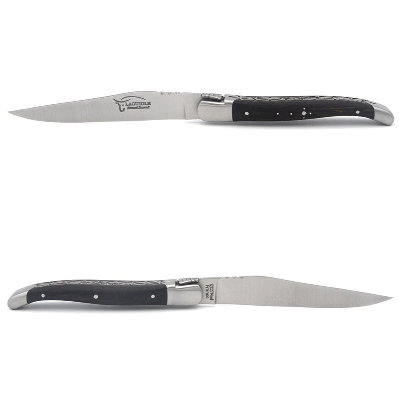 Laguiole Steak Knives Chiseled Double Plates Ebony Wood, Prestige Collection