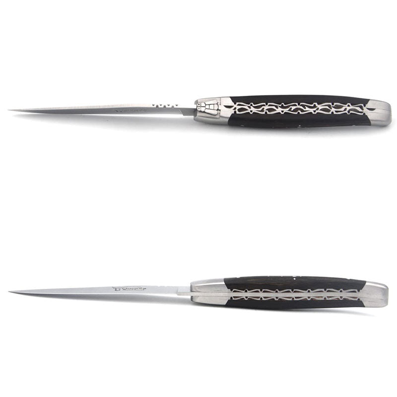 Laguiole Steak Knives Chiseled Double Plates Ebony Wood, Prestige Collection