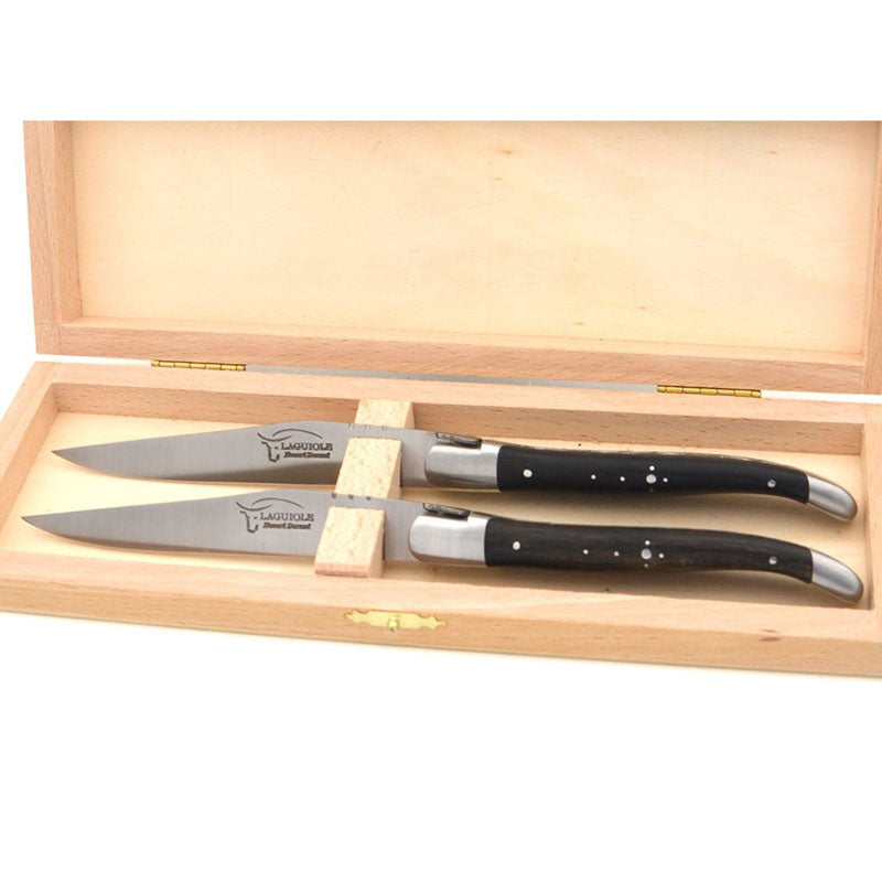 Laguiole Steak Knives Chiseled Double Plates Ebony Wood, Prestige Collection