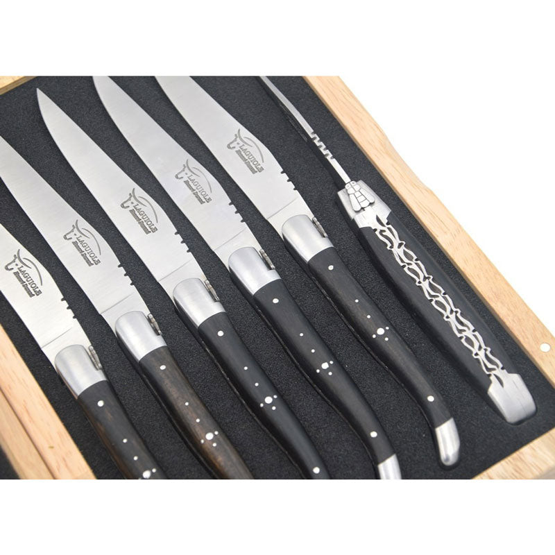 Laguiole Steak Knives Chiseled Double Plates Ebony Wood, Prestige Collection