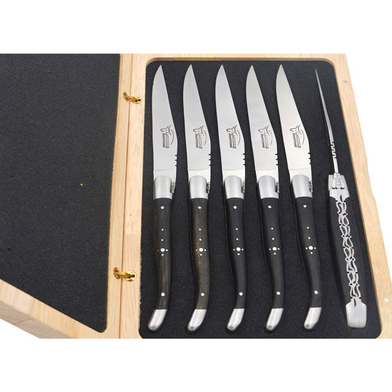 Laguiole Steak Knives Chiseled Double Plates Ebony Wood, Prestige Collection