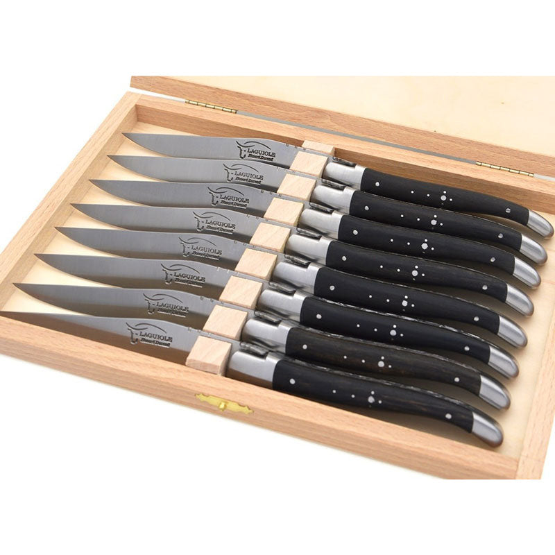 Laguiole Steak Knives Chiseled Double Plates Ebony Wood, Prestige Collection