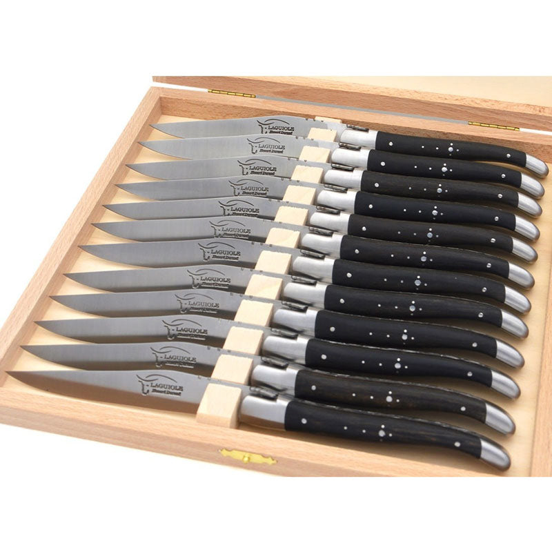 Laguiole Steak Knives Chiseled Double Plates Ebony Wood, Prestige Collection