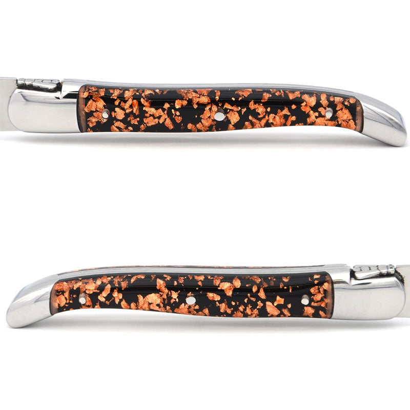 Laguiole Steak Knives, Copper Foil Inclusion Handle Black Background