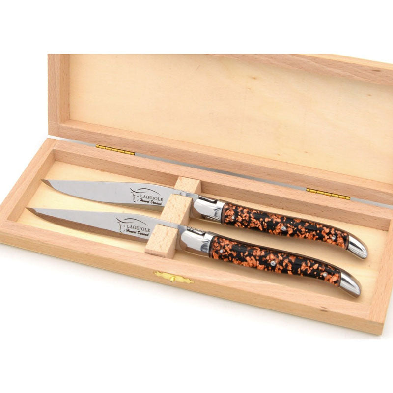 Laguiole Steak Knives, Copper Foil Inclusion Handle Black Background