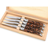 Laguiole Steak Knives, Copper Foil Inclusion Handle Black Background
