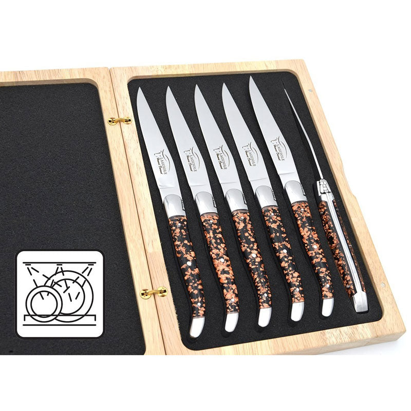 Laguiole Steak Knives, Copper Foil Inclusion Handle Black Background