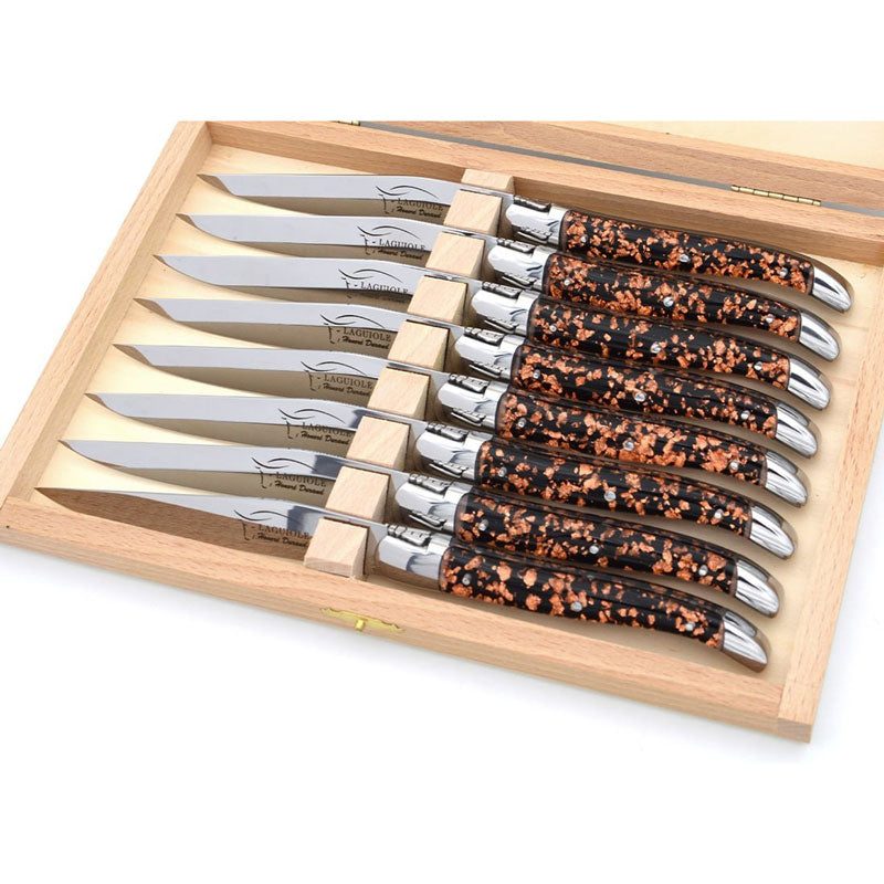 Laguiole Steak Knives, Copper Foil Inclusion Handle Black Background