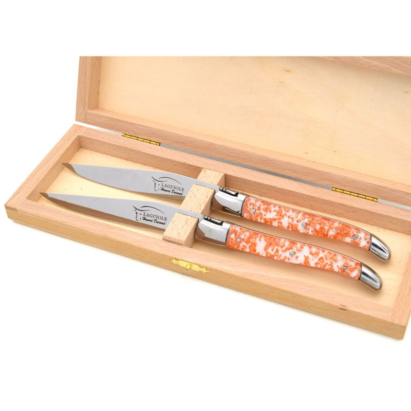 Laguiole Steak Knives, Copper Foil Inclusion Handle White Background