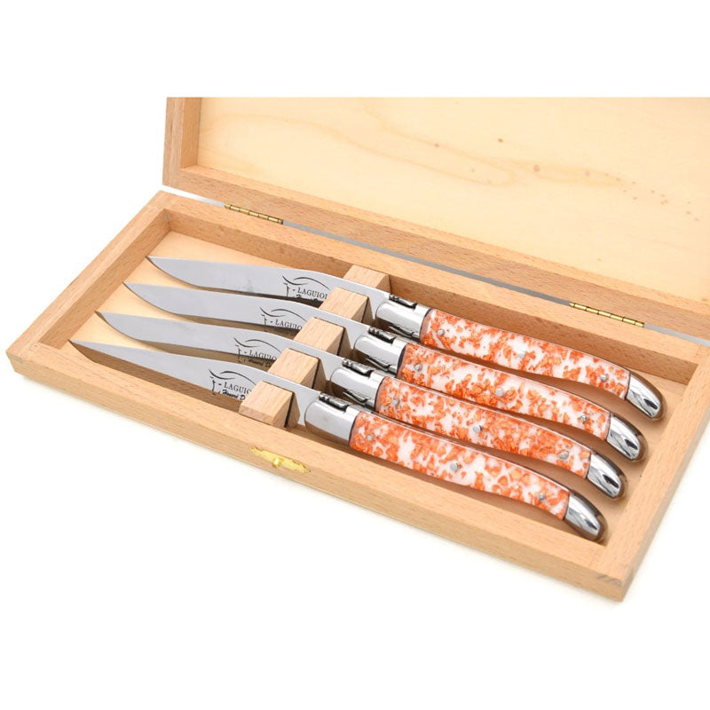 Laguiole Steak Knives, Copper Foil Inclusion Handle White Background