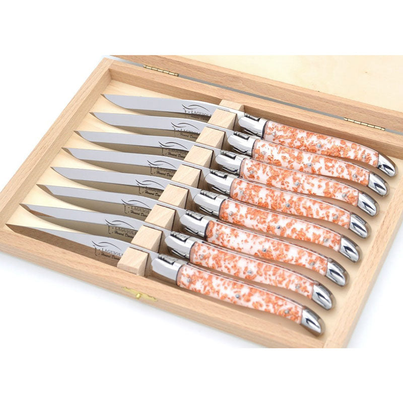 Laguiole Steak Knives, Copper Foil Inclusion Handle White Background