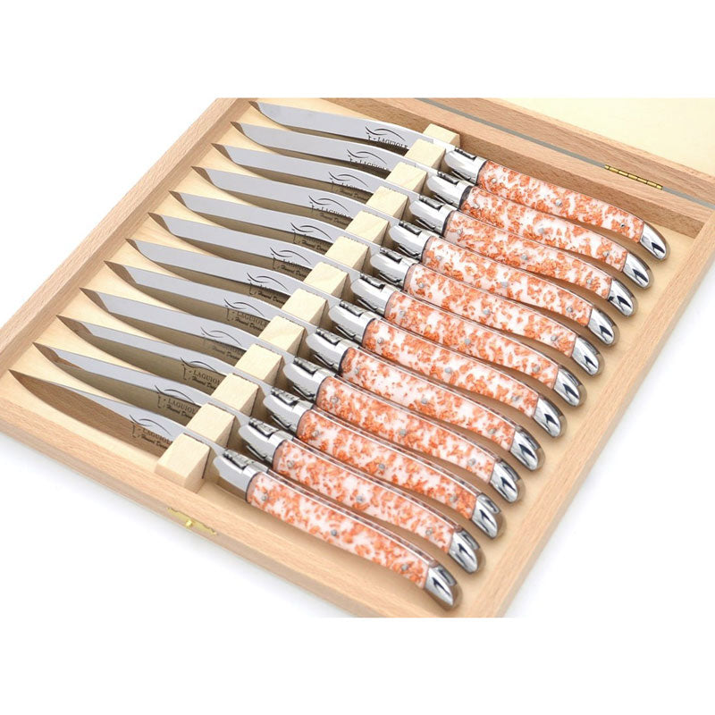 Laguiole Steak Knives, Copper Foil Inclusion Handle White Background