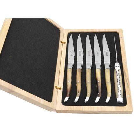 Laguiole Steak Knives Chiseled Double Plates Pale Horn Tip Prestige Collection - Zouf.biz