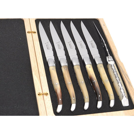 Laguiole Steak Knives Chiseled Double Plates Pale Horn Tip Prestige Collection - Zouf.biz