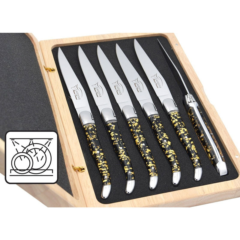 Laguiole Steak Knives, Gold Foil Inclusion Handle Black Background