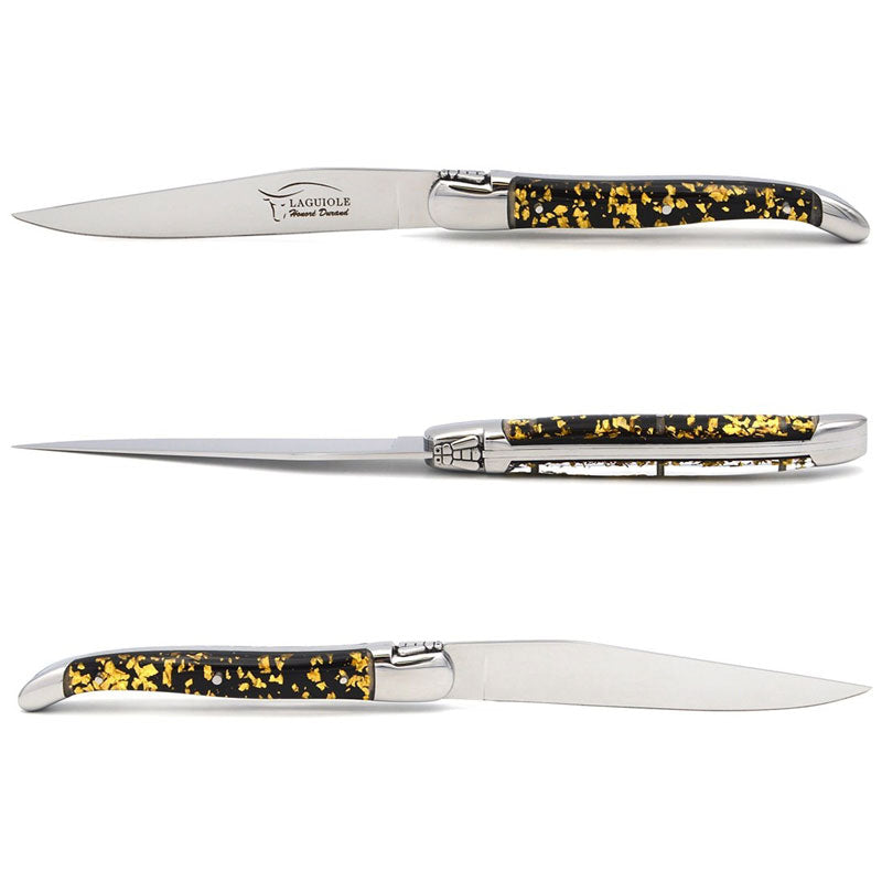 Laguiole Steak Knives, Gold Foil Inclusion Handle Black Background