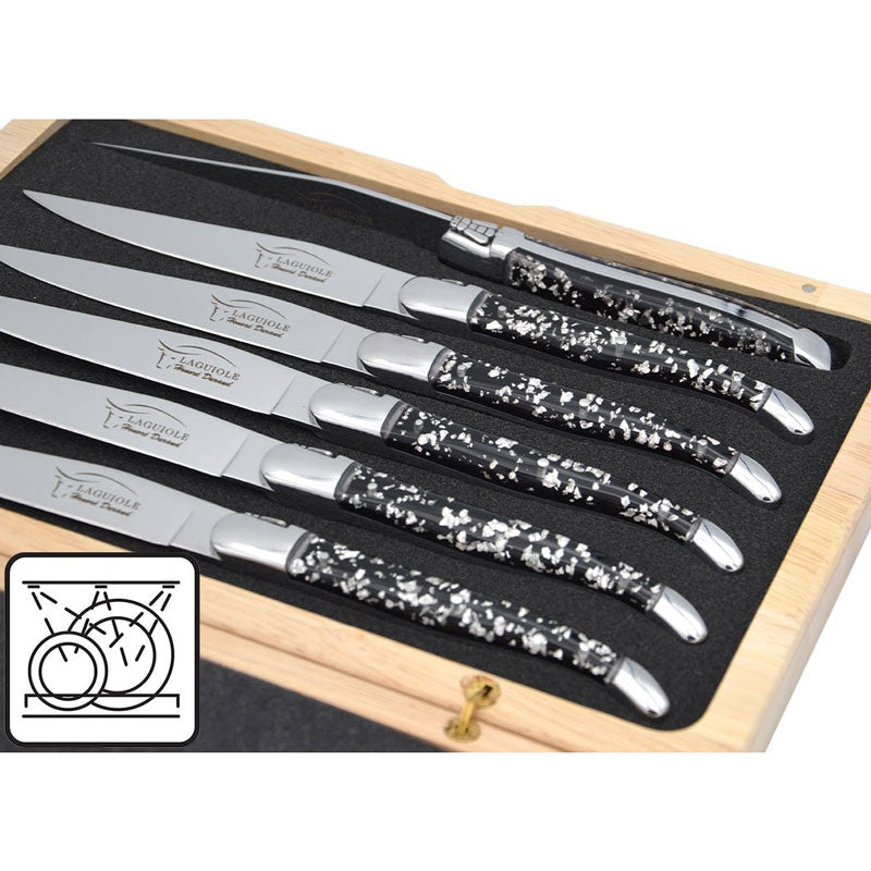 Laguiole Steak Knives, Silver Foil Inclusion Handle Black Background