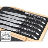 Laguiole Steak Knives, Silver Foil Inclusion Handle Black Background