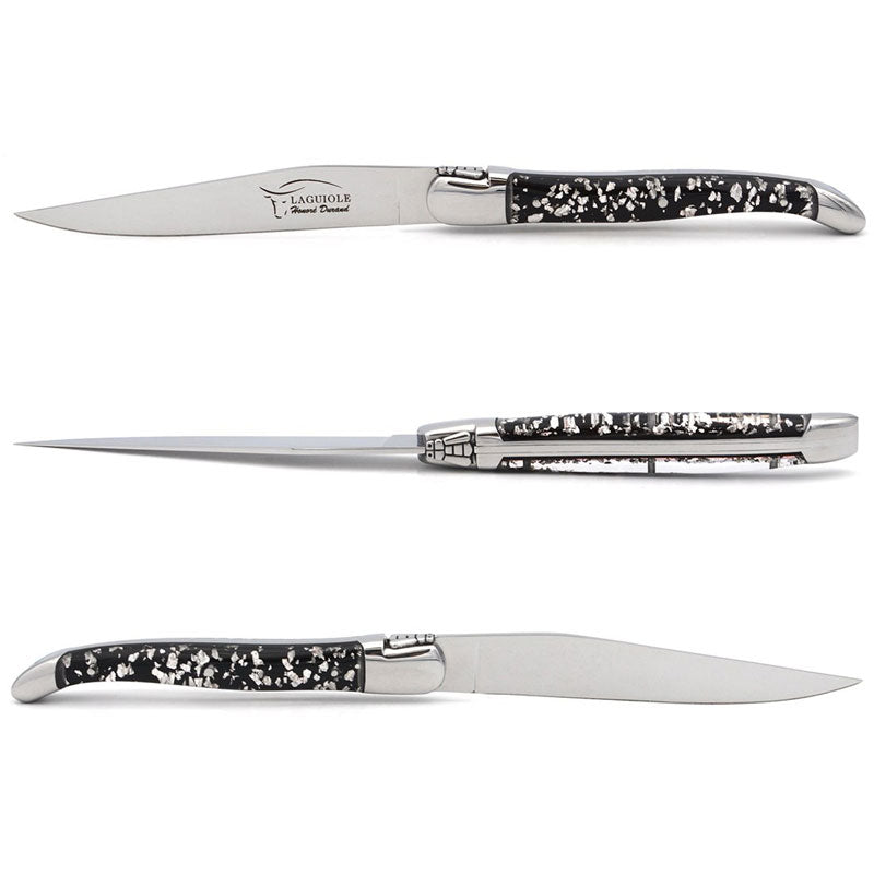 Laguiole Steak Knives, Silver Foil Inclusion Handle Black Background