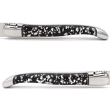 Laguiole Steak Knives, Silver Foil Inclusion Handle Black Background