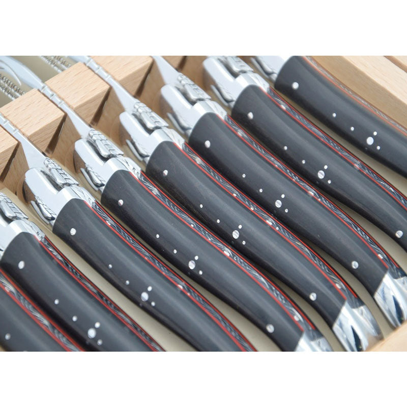 Laguiole Steak Knives Ebony Wood with Red Spacer, Prestige Collection