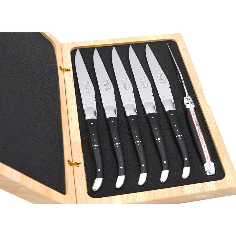 Laguiole Steak Knives Ebony Wood with Red Spacer, Prestige Collection
