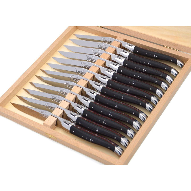 Laguiole Steak Knives Ebony Wood with Red Spacer, Prestige Collection