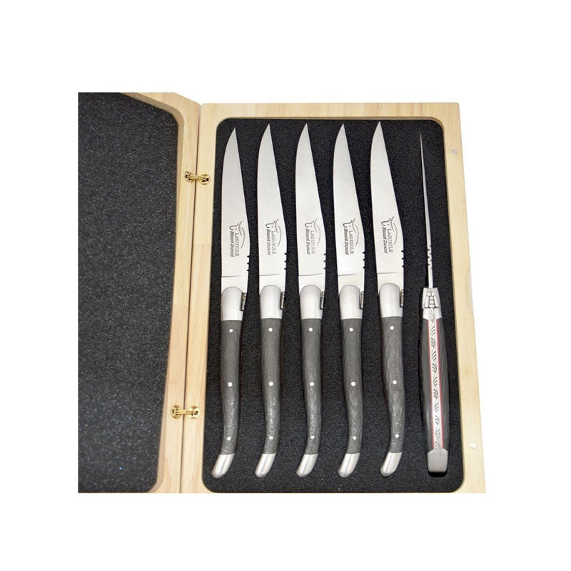 Laguiole Steak Knives in Carbon and Red Vulcanized Fiber, Prestige Collection - Zouf.biz