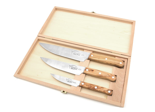 Set of 3 Laguiole Kitchen Knives with Olive Wood Handle