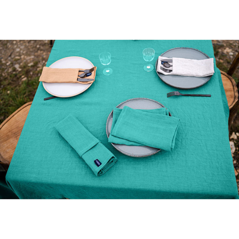 Pure Washed Linen Tablecloth, Lagoon Blue