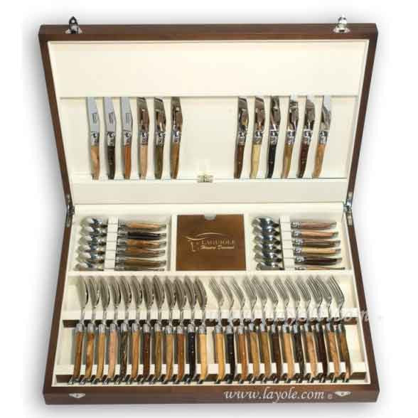 Laguiole Cutlery Canteen 48 Pieces Mixed Wood, Prestige Collection - Zouf.biz