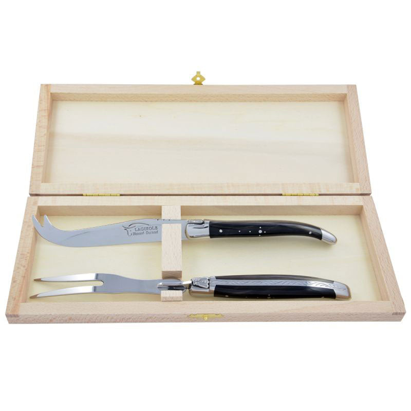 Laguiole Cheese Set, Fork & Knife, Dark Horn Tip, Prestige Collection - Zouf.biz