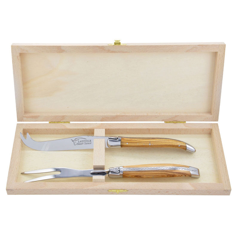 Laguiole Cheese Set, Fork & Knife, Olive Wood, Prestige Collection - Zouf.biz